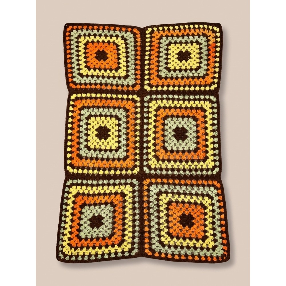 Vintage 1970s Granny Square Crochet Afghan Brown Orange Aqua 76x43